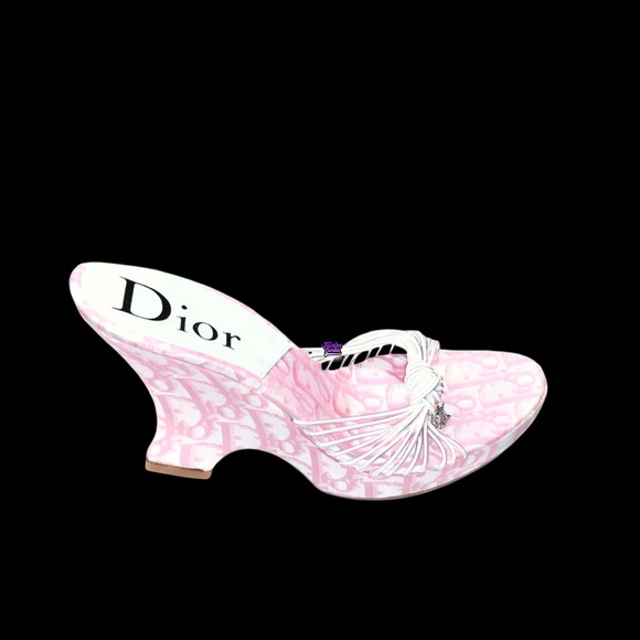 DIOR Girly Pink Monogram Logo Denim Trotter Platform Wedge Sandal Mule - Picture 7 of 15